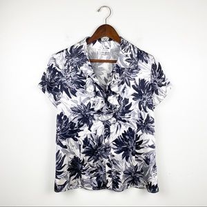 St. John Silk Floral Ruffle Blouse Short Sleeve
